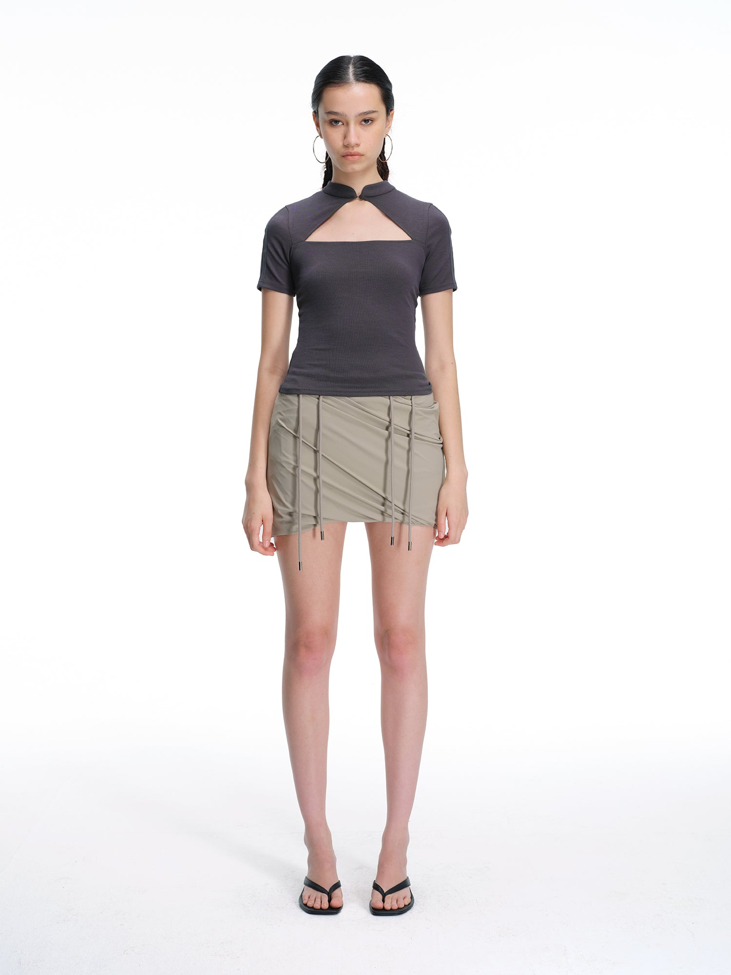 Fitted Mandarin Collar Cutout Top
